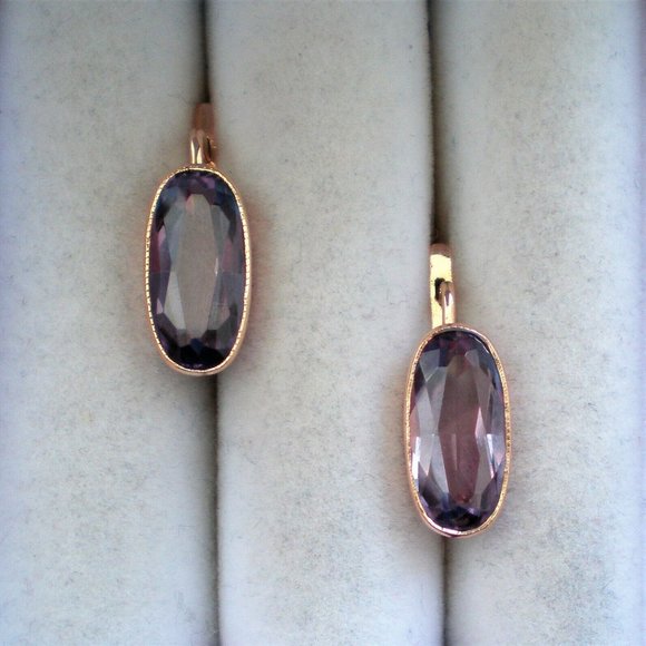 Vintage Russian Russia USSR 14K 583 Rose Pink Gold Alexandrite Dangle EARRINGS - Picture 5 of 8